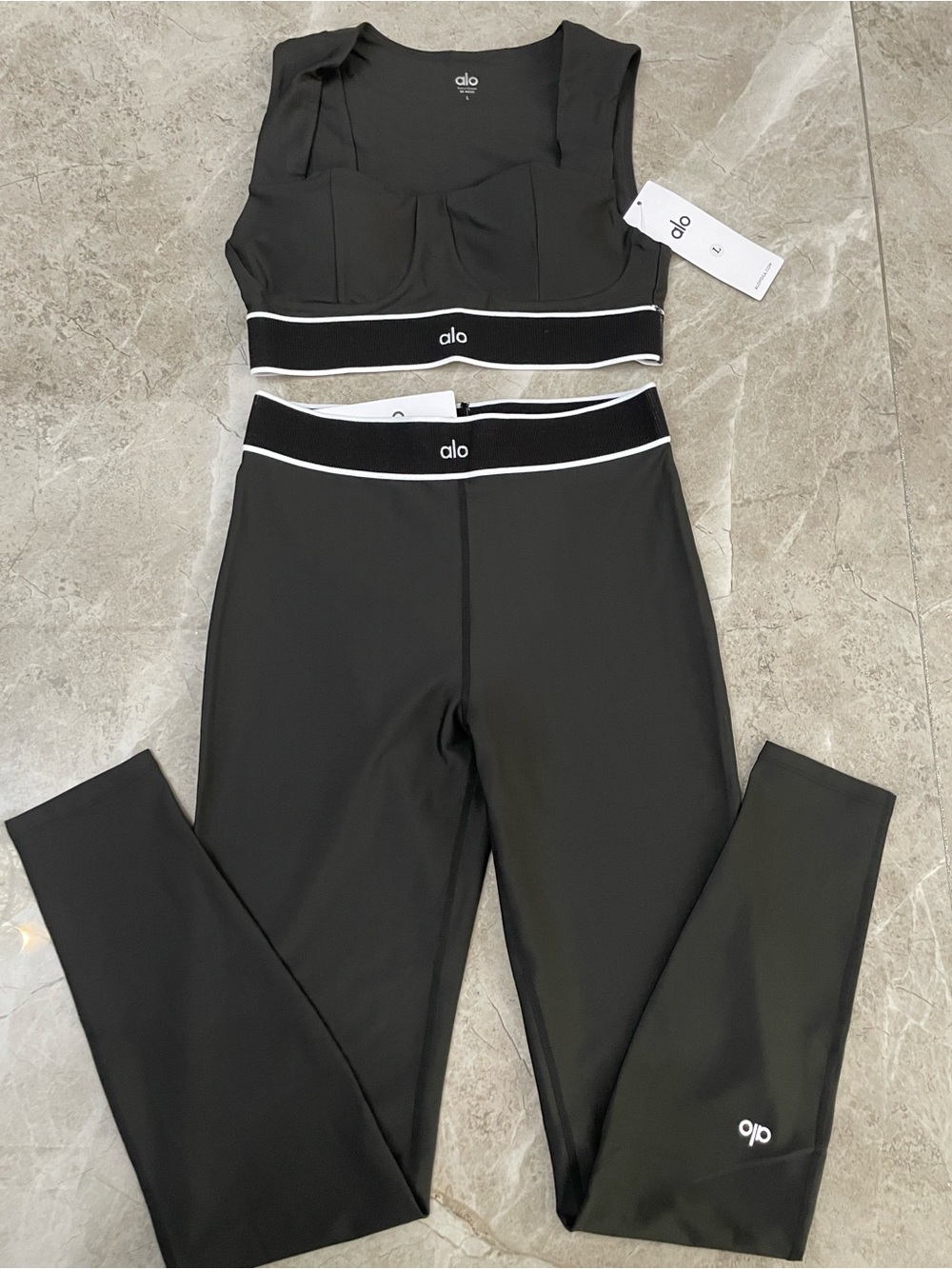ALO Yoga Black Legging and Crop Top Set with White Trim